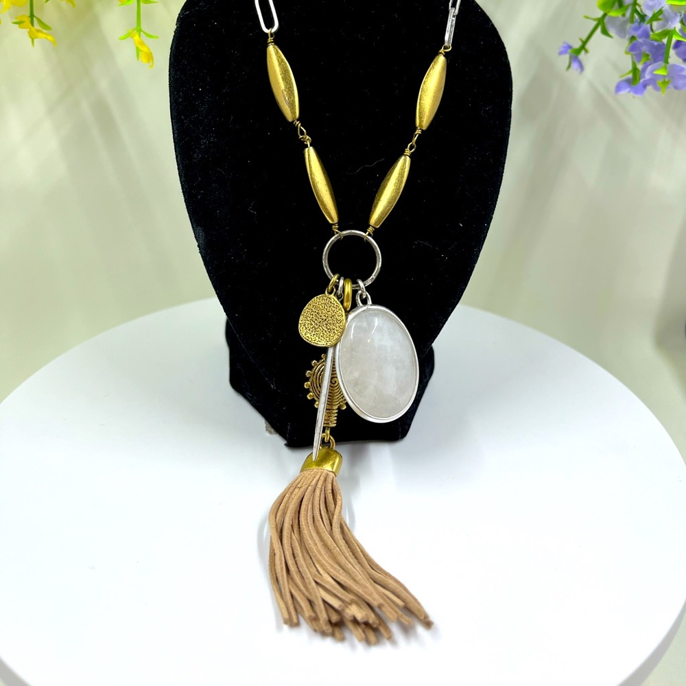 Stella & Dot Signed Long Necklace with Tassel and Quartz Pendants